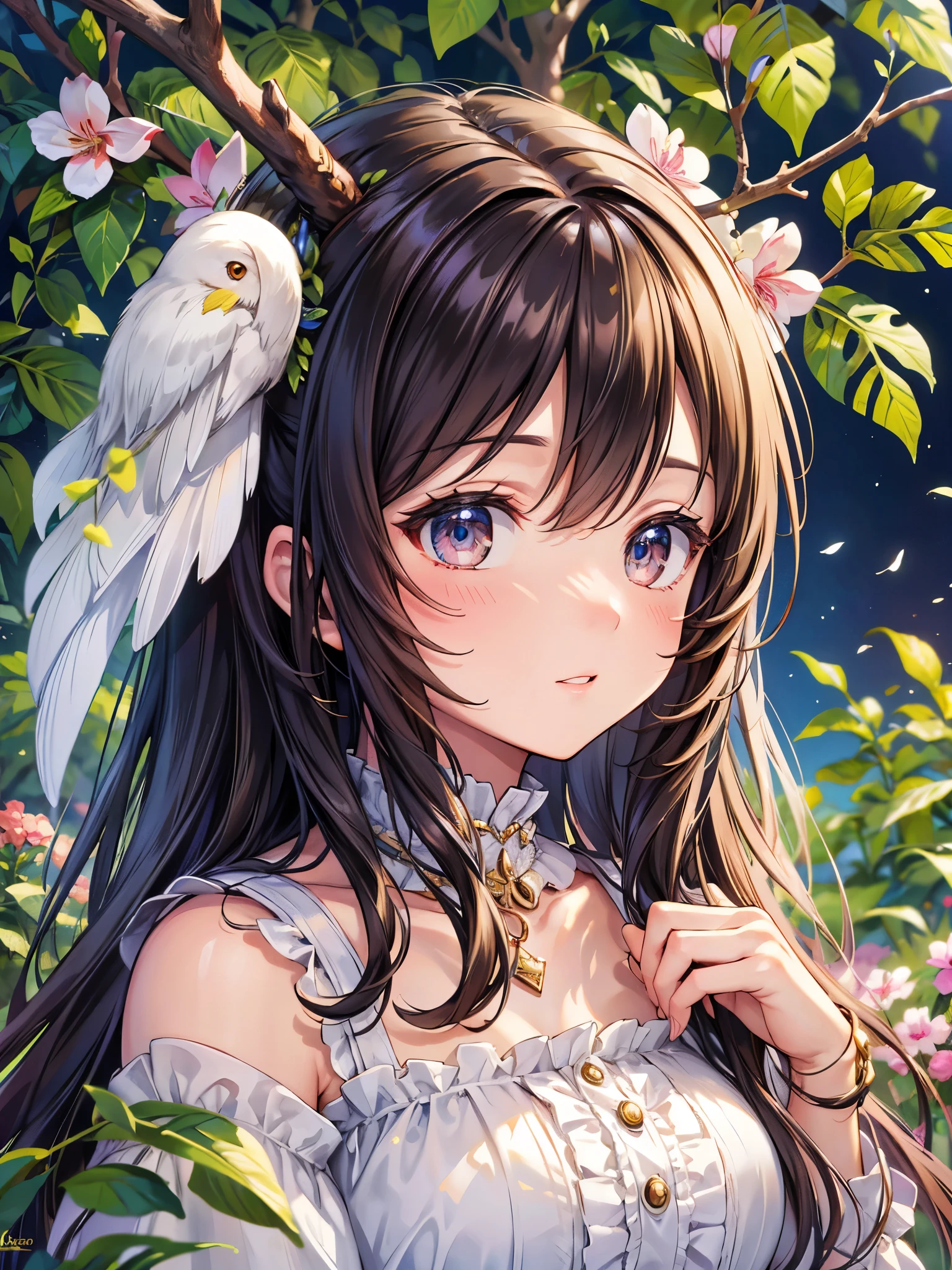 ((Highest quality)),(Ultra-high resolution),(Super detailed),(Detailed Description),((The best CG)),(masterpiece),Highly detailed art,(Art with precise detail:1.5), Like a little bird, Gentle Eyes, mutter, spring, Wind, Kindness, sun, Intensity, Amusement, Light steps, Looking Ahead, Adorable, crop, happiness