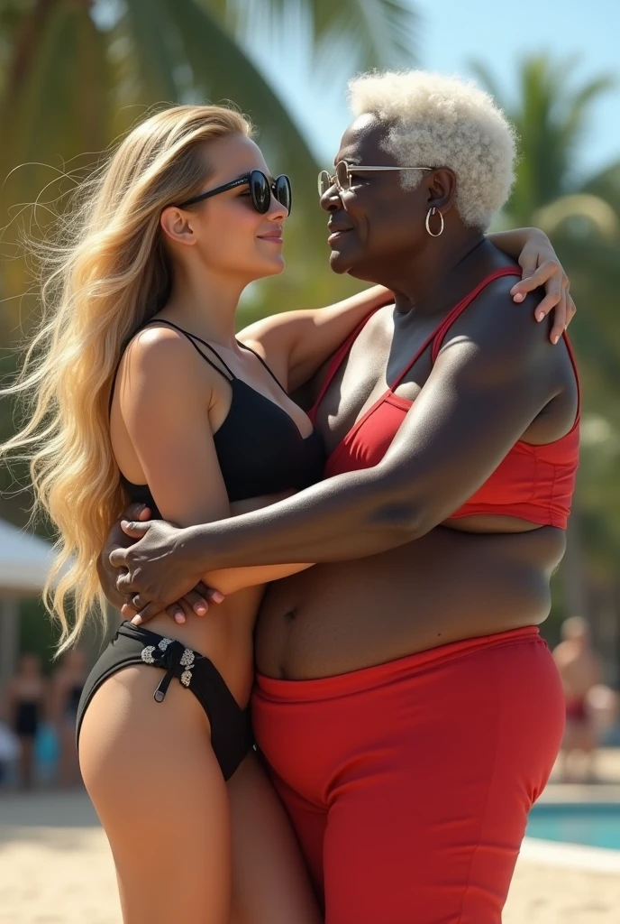 Create an image of a young woman, at 2, long and blonde hair, wearing a black bikini, slim and curvy body, White and clear skin, wearing sunglasses and being carried, in the arms of a 90 year old elderly lady, obese, dark black skin, wearing a red closed swimsuit, short white hair and wearing glasses.