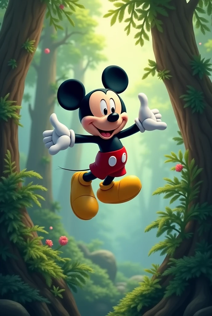 Mickey mouse is in the forest and starts flying
