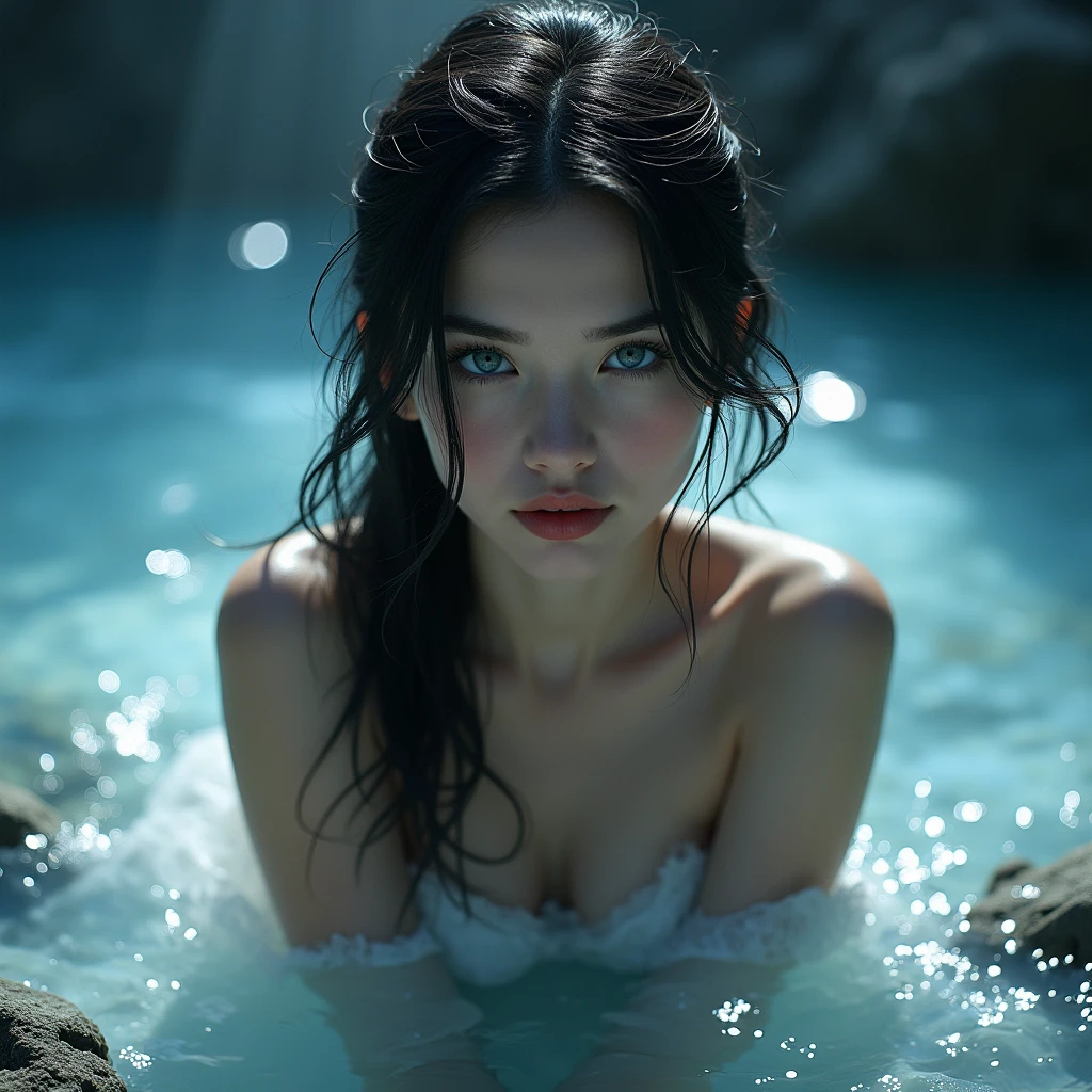 Beautiful woman with lace jet black hair wears it loose and wet, Deep blue eyes like bright sapphires, porcelain white skin, reddish lips, flushed cheeks marked jaw. She is lying on a rock while there is water around her, White glow, magic image, front image. With nothing covering it, She is very precious, 20 year old Russian girl