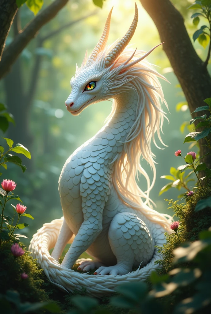 Beautiful white female dragon with long hair and colorful eyes in jungle