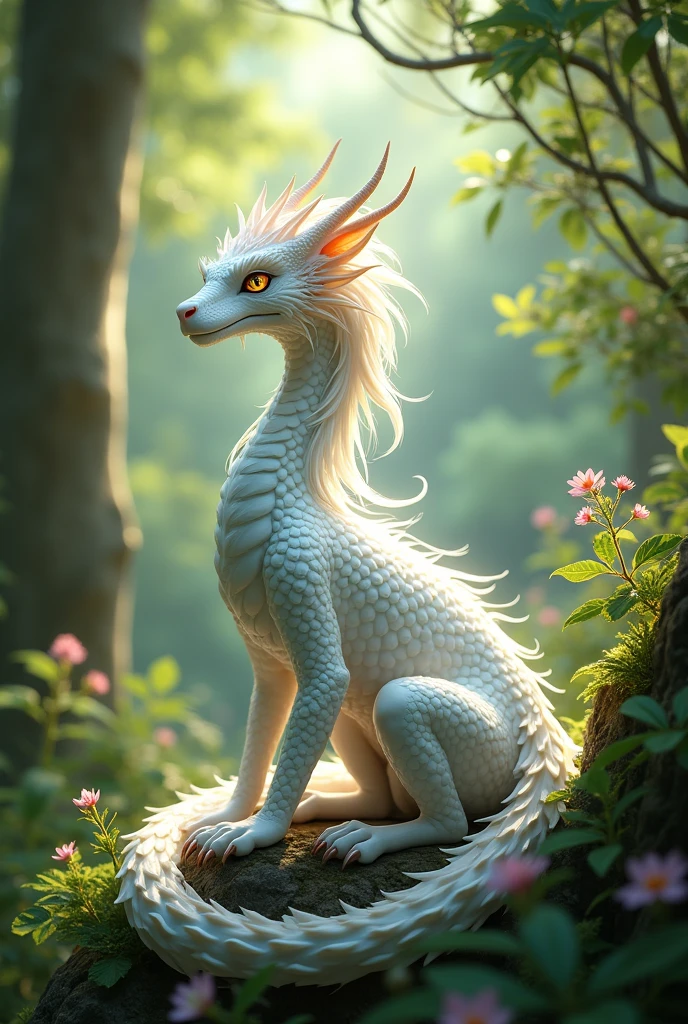 Beautiful white female dragon with long hair and colorful eyes in jungle
