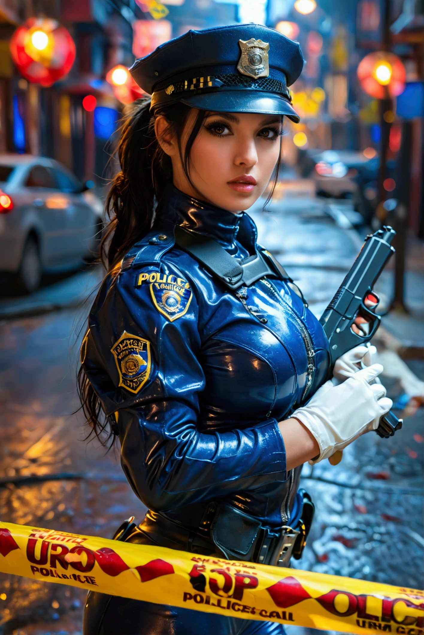 ultra realistic, photography, long black straight hair in a ponytail, (30 years old, hazel eyes, hourglass figure, perfect fit body, slightly tanned skin, natural big breasts), Long eye lashes, seductive eyes, Award Winning Glamour Photograph extremely detailed award winning glamour photograph, front lit, HDR, wearing a blue police leather catsuit, white gloves, white boots and a police cap, standing at the scene of a crime, holding a submachine gun, Police car in the background, red and blue lights, yellow crimescene tape is around the area, she is standing guard, it is late at night
