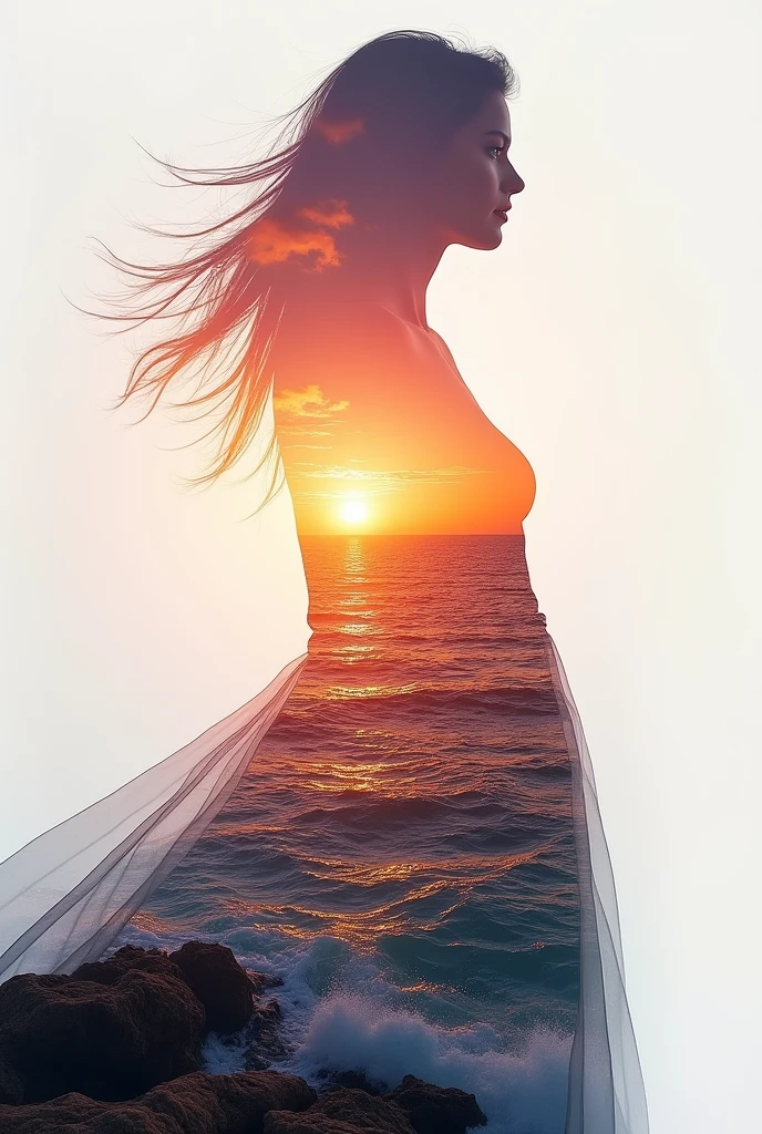 high quality, 8K Ultra HD, A beautiful double exposure that combines an goddess silhouette with sunset coast, sunset coast should serve as the underlying backdrop, with its details incorporated into the goddess , crisp lines, The background is monochrome, sharp focus, double exposure, by yukisakura, awesome full color,