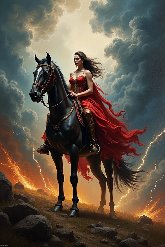 a dramatic and intense painting of a woman on a horse. She represents conquest as on of the horsemen of the apocalypse. riding her horse through a stormy, dark landscape. The scene should evoke a sense of impending doom and chaos, with vivid colors and dynamic composition