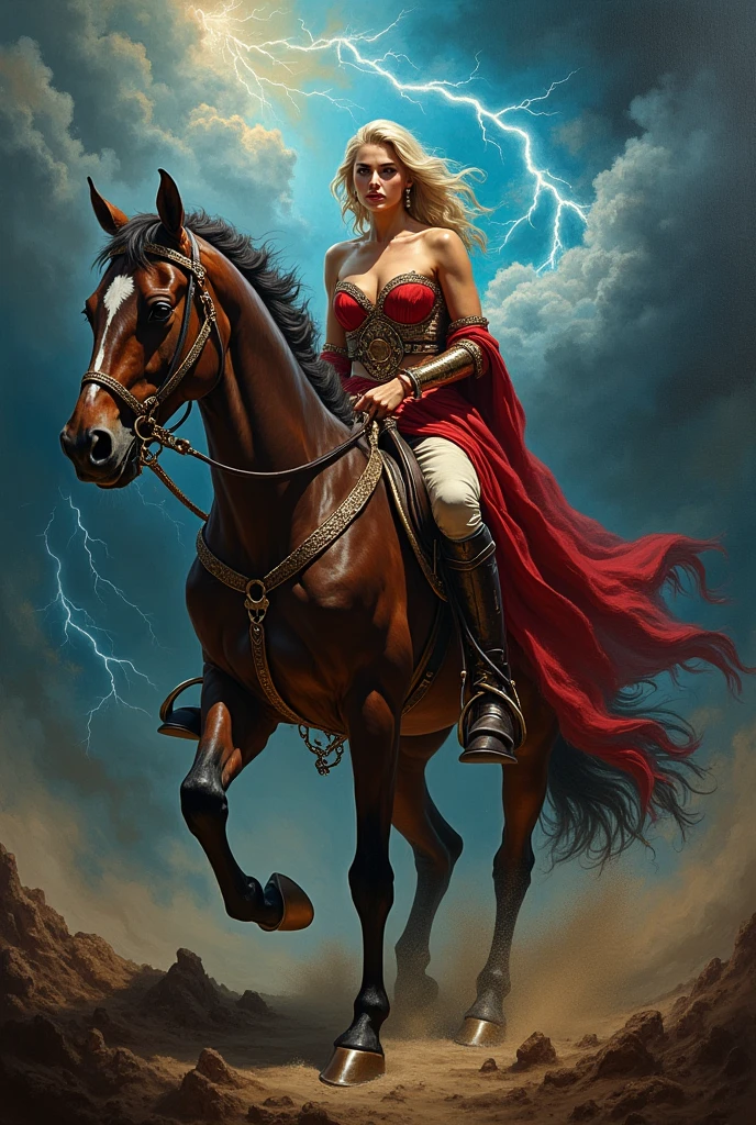 a dramatic and intense painting of a woman on a horse. She represents conquest as on of the horsemen of the apocalypse. riding her horse through a stormy, dark landscape. The scene should evoke a sense of impending doom and chaos, with vivid colors and dynamic composition