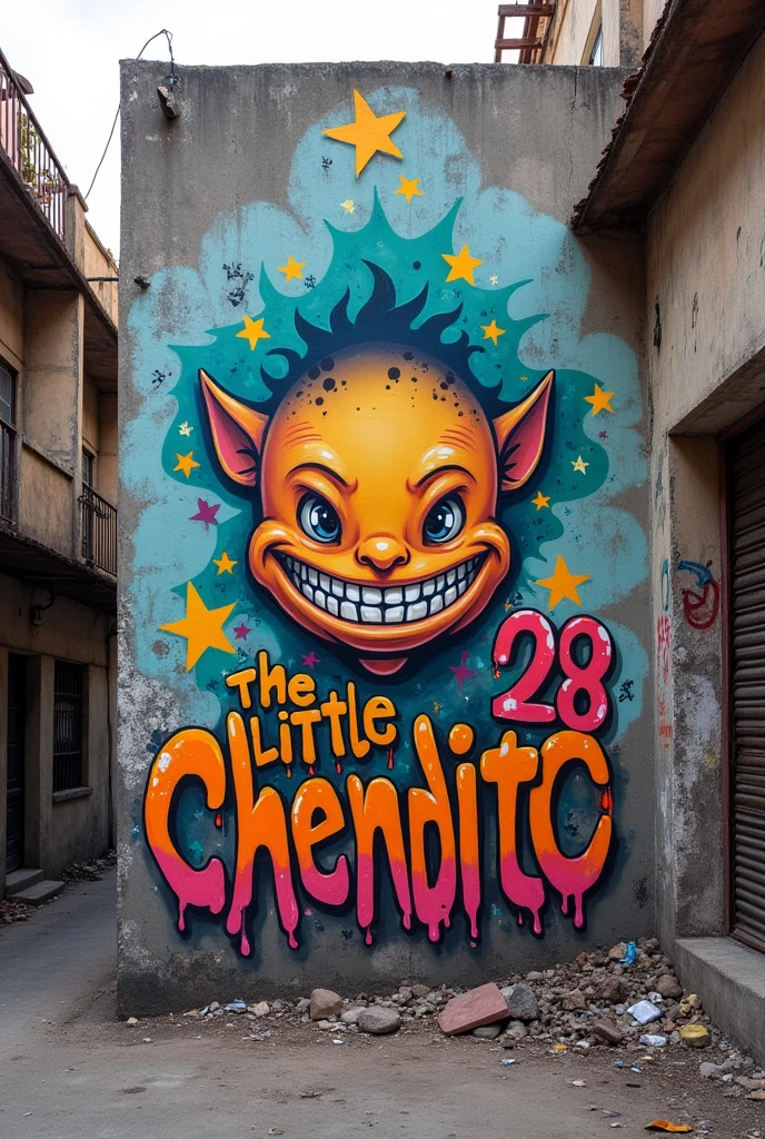 Create a graffiti on a wall in a dangerous neighborhood that says "THE LITTLE CHENDITO" 28 AMOTAC
