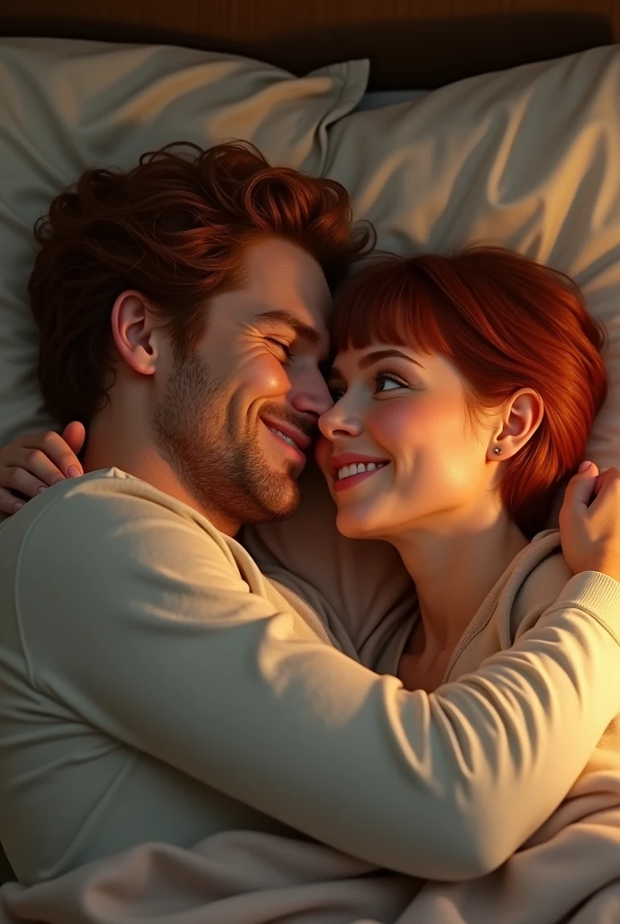 (photorealism), joe keery is cuddling his very beautiful, short, red headed wife. she has bangs and freckles that spread across her cheeks and nose and has green eyes. they are laying in a very comfortable bed in their cozy bedroom with soft lighting. joe is holding her very close to him in a protective, loving way