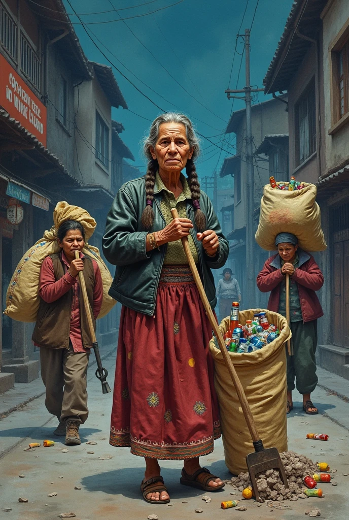 Adult grandmother in an Aymara skirt with two braids, head on, and with recycling tools on a dangerous street at night in Bolivia full of nightclubs with several people in the background collecting recyclable material carrying a huge bag on their backs wrapped in a sack with typical designs full of the same (Bottles, cans, papers) uses a watercolor illustration style