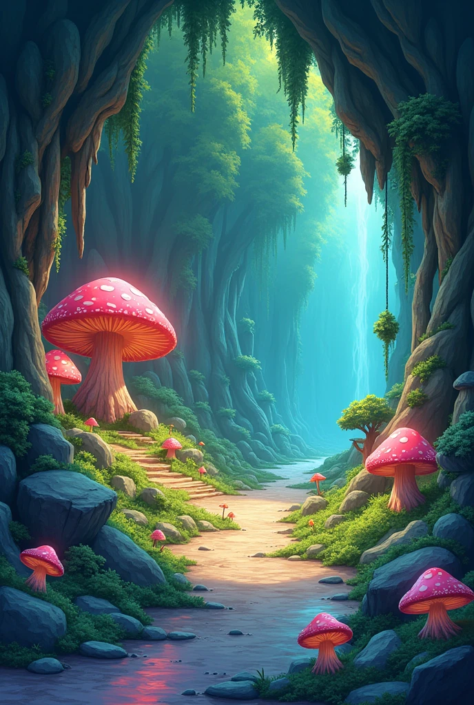 generates a cave background for a fairy tale with green and brown color without water more lively more anime colorful animated without mushrooms