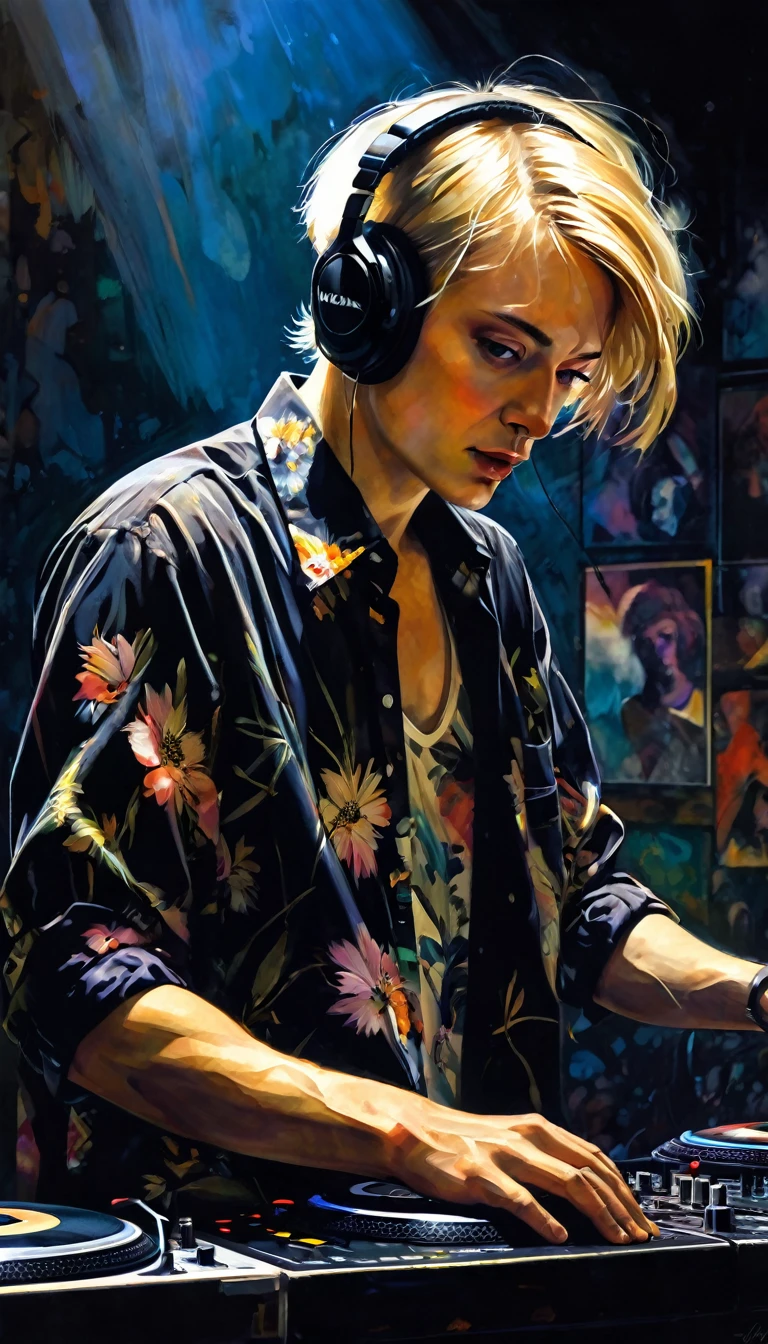 thin man, shaved blonde hair, small toupee, flowered shirt, dj, DJing, dynamic pose, lively audience, between shadows, oil painting, chiaroscuro, dramatic lighting, moody atmosphere, photorealistic, intricate details, masterpiece, ultra-detailed, high quality, 8k, best quality, realistic, cinematic, dark and brooding, expressionistic, powerful composition, emotional impact, art inspired by Bill Sienkiewicz and Dave McKean