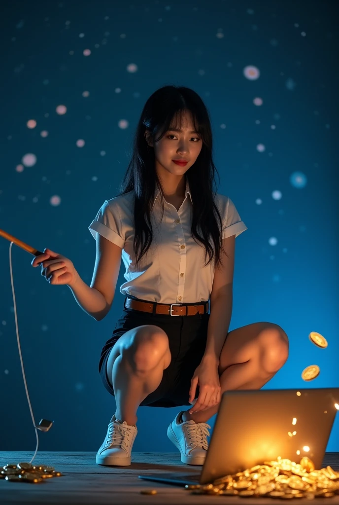 Korean-thai age girl group female singer, Thai university uniform, black tight slit mini skirt, starry sky, bright stars, slim and perfect figure, medium breasts, emphasize on breasts and hip and bottoms and thigh, rule of thirds, white tight between cap-sleeve and short-sleeve button up shirt for woman, white sneakers, brown suede belt, silver modern canvas belt buckle, silver shirt buttons, black long straight messy hair, beautiful face, dynamic compositions, squating:1.4, slender, the laptop is opened 180 degree and put on the floor:1.4, in the dark working room, blue water in the laptop screen:1.4, blue light tone, orange highlight, put on the thief mask:1.5, bad guy smiling face expression:1.5, using the fishing rod to get gold coins from laptop screen:1.5, a lot of gold coin come out from laptop screen, hyper-realistic, pulling fishing pole:1.5, fishing rod:1.5