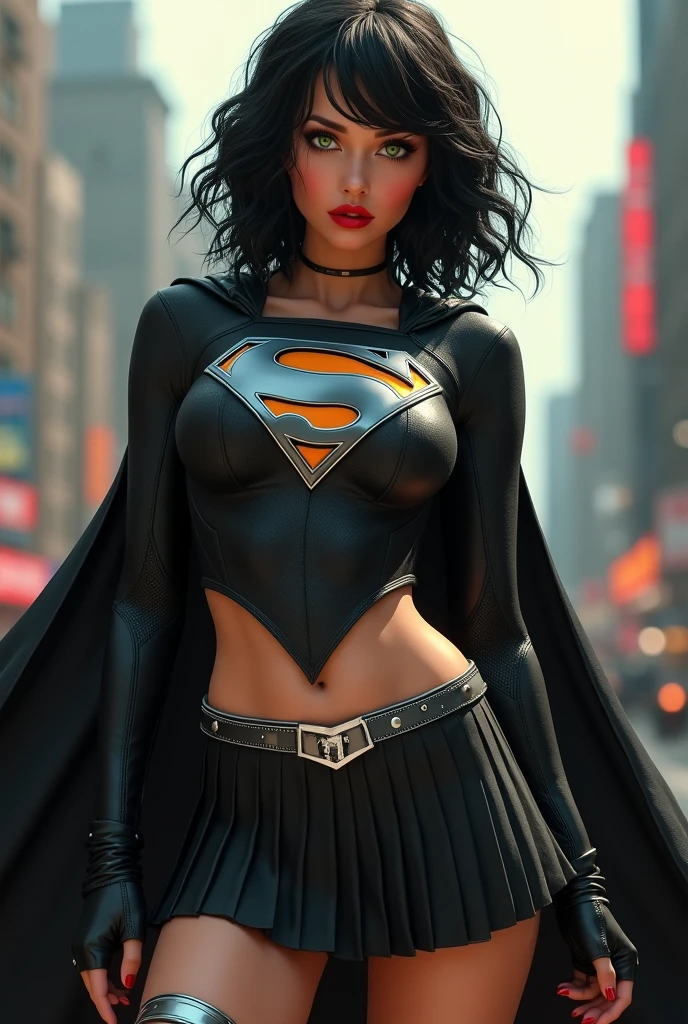 A BUSTY SEXY FEMALE WITH MEDIUM LONG MESSY BLACK HAIR, DREAMY GREEN EYES, WEARING A ONE PIECE BLACK SUPERGIRL TOP WITH A BIG SHINY SILVER "S" EMBLEM ON HER CHEST, A PLEATED SHORT BLACK SKIRT WITH A SILVER LEATHER BELT, LONG BLACK BOOTS WITH SILVER TRIM, AND A LONG BLACK CAPE. RED LIPSTICK, RED FINGERNAILS. INCREDIBLY DETAILED GLOWING SKIN, INCREDIBLEY DETAILED FACE, INCREDIDBLEY DETAILED CLOTHING, TEXTURED SKIN PORES, TEXTURED HAIR, 8K ABSURD RESOLUTION, MASTERPIECE. PHOTO REALSITIC, HYPER REALISTIC. CHAOTIC BACKGROUND. 16K RESOLUTION. PREFESSIONAL GRADE IMAGE.