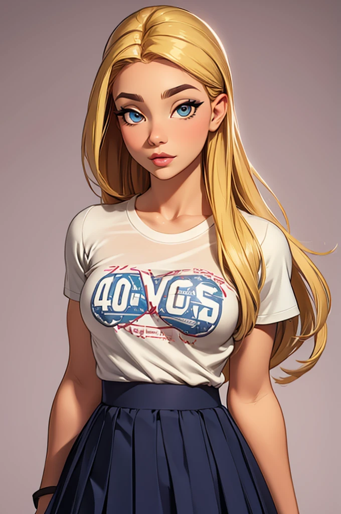 Beautiful 40 year old woman, very beautiful, thick and big lips, pretty eyes and lazy eyelids, Lewd face, life completely in front, Front view, Whole body, oversight t-shirt, Skirt, perfect body, big perky tits, small nose, by the wide, Long hair, by rubio, blonde