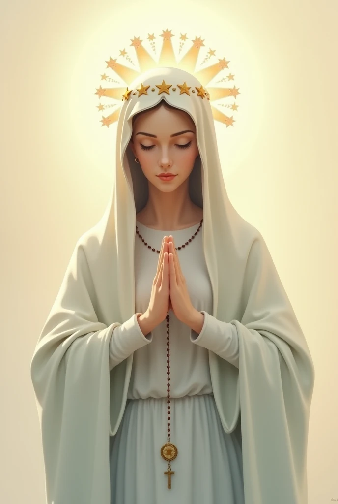 Virgin Mary praying the rosary, with a crown of stars on his head. Use soft, light color palettes to maintain a sense of tranquility and purity.. Incorporate symbols such as the cross or rosary beads in a subtle way to reinforce the Marian theme.. Keep the design simple and elegant to ensure the logo is easily recognizable and memorable..

