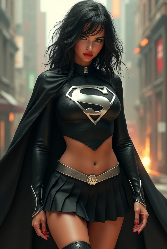 A BUSTY SEXY FEMALE WITH MEDIUM LONG MESSY BLACK HAIR, DREAMY GREEN EYES, WEARING A ONE PIECE BLACK SUPERGIRL TOP WITH A BIG SHINY SILVER "S" EMBLEM ON HER CHEST, A PLEATED SHORT BLACK SKIRT WITH A SILVER LEATHER BELT, LONG BLACK BOOTS WITH SILVER TRIM, AND A LONG BLACK CAPE. RED LIPSTICK, RED FINGERNAILS. INCREDIBLY DETAILED GLOWING SKIN, INCREDIBLEY DETAILED FACE, INCREDIDBLEY DETAILED CLOTHING, TEXTURED SKIN PORES, TEXTURED HAIR, 8K ABSURD RESOLUTION, MASTERPIECE. PHOTO REALSITIC, HYPER REALISTIC. CHAOTIC BACKGROUND. 16K RESOLUTION. PREFESSIONAL GRADE IMAGE.