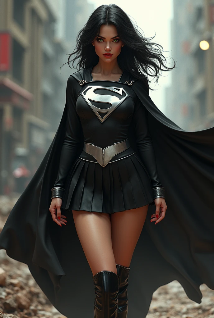 A BUSTY SEXY FEMALE WITH MEDIUM LONG MESSY BLACK HAIR, DREAMY GREEN EYES, WEARING A ONE PIECE BLACK SUPERGIRL TOP WITH A BIG SHINY SILVER "S" EMBLEM ON HER CHEST, A PLEATED SHORT BLACK SKIRT WITH A SILVER LEATHER BELT, LONG BLACK BOOTS WITH SILVER TRIM, AND A LONG BLACK CAPE. RED LIPSTICK, RED FINGERNAILS. INCREDIBLY DETAILED GLOWING SKIN, INCREDIBLEY DETAILED FACE, INCREDIDBLEY DETAILED CLOTHING, TEXTURED SKIN PORES, TEXTURED HAIR, 8K ABSURD RESOLUTION, MASTERPIECE. PHOTO REALSITIC, HYPER REALISTIC. CHAOTIC BACKGROUND. 16K RESOLUTION. PREFESSIONAL GRADE IMAGE.