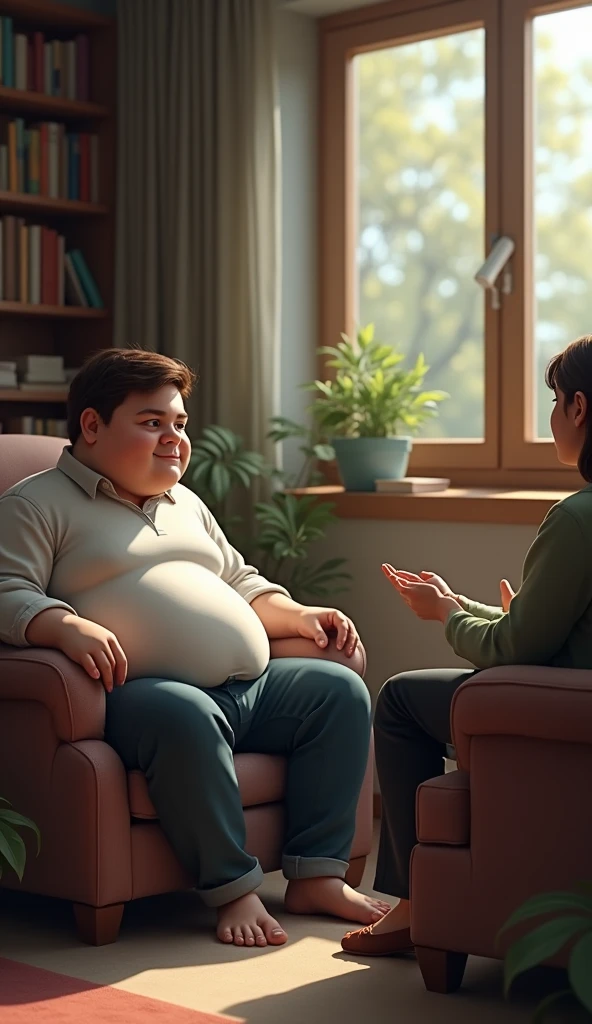 fat young man taking threapy with female psychologist