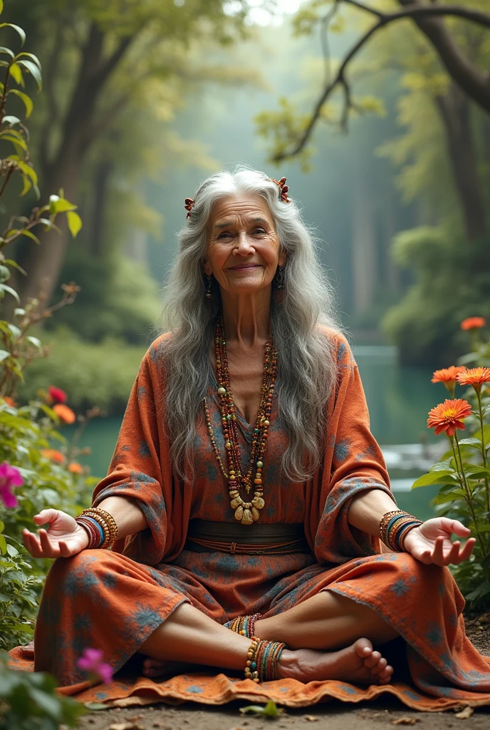 Senior woman 6 bohemian hippie doing yoga