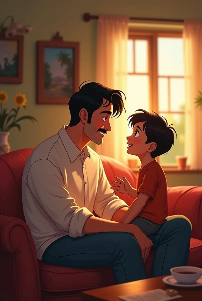 poster, type, Disney, from dad, hair, dark, son, talking, scenery, living room, House