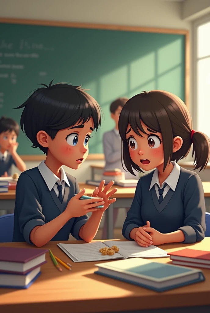 A student who lost his lunch box has help from the teacher to help him, in the background of the image another student is eating the food that was in the lost lunch box.