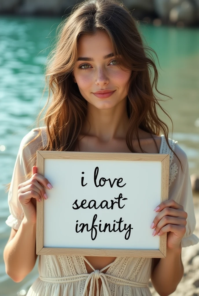 Beautiful girl with wavy long hair, bohemian dress, holding a white board with text "I Love Seaart Infinity" and showing it to the viewer