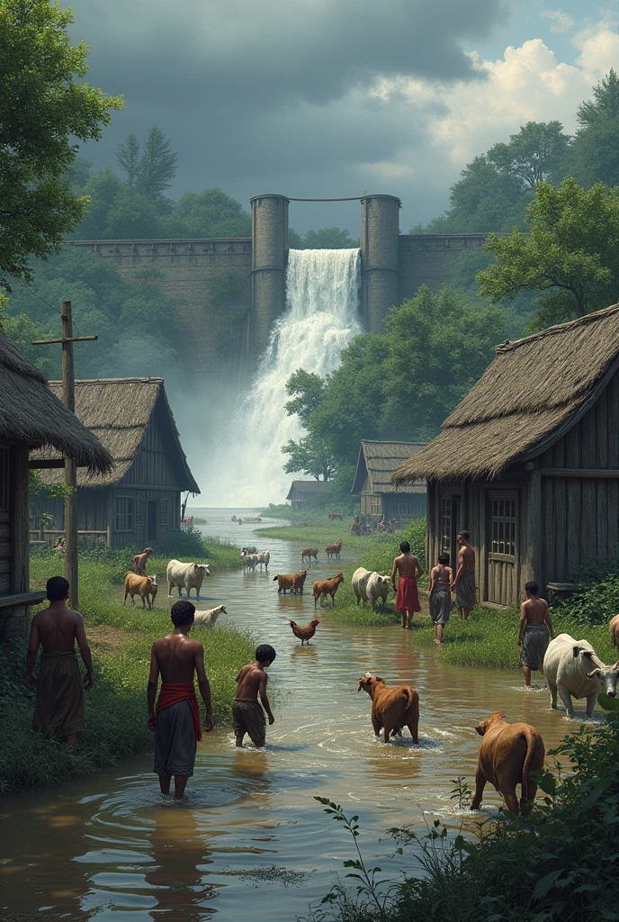 A village building, hut, many people, men, women, children, some cows, goats, chickens are drowning inside the water because of the flood water. Rain is coming from the dark cloudy sky above. Behind a dam from where the water is continuously falling from where this flood is caused.