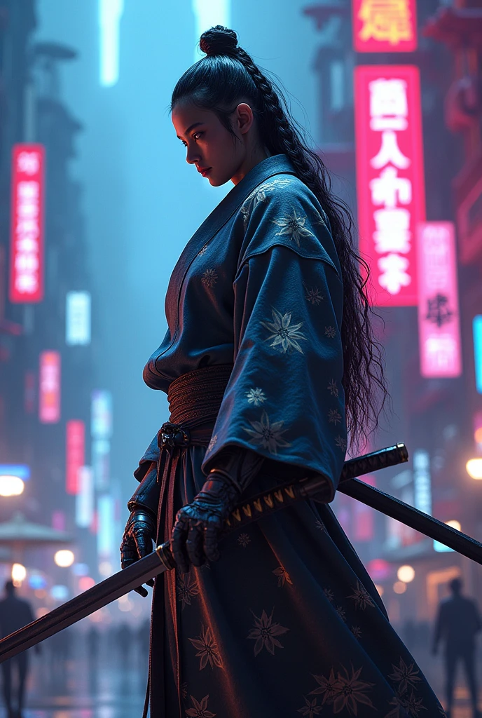 A samurai wearing a kimono and a katana, with a robotic arm