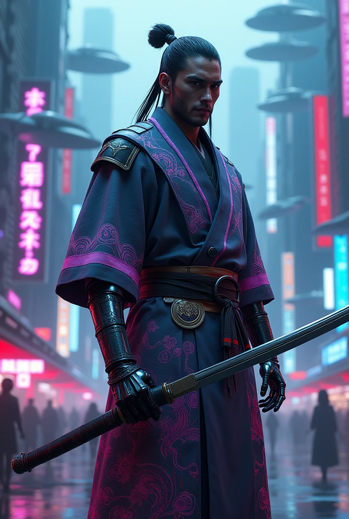 A samurai wearing a kimono and a katana, with a robotic arm