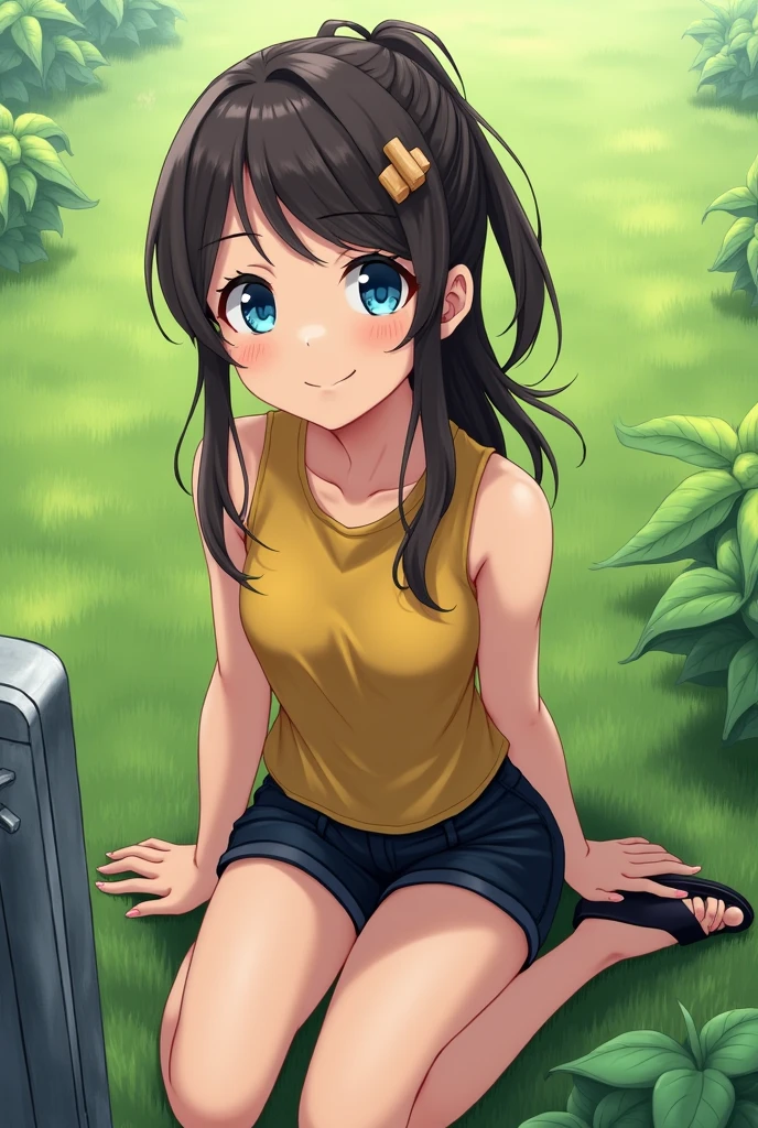 ((masterpiece, best quality)), highly detailed, 1girl, flat chest, wavy hair, double buns, teal hair, (long hair between eyes), flower crown, on all fours, closeup, side tie panties, ass, (one thighhigh and one bare leg), yellow eyes, looking at viewer, embarrassed, heavy blush, standing, pastel, outdoors, field, rows of colorful flowers