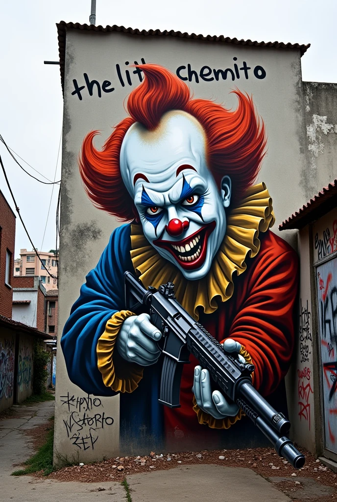 Create a graffiti of a clown with a war rifle on a wall in a dangerous neighborhood that says "THE LITTLE CHENDITO" 28 AMOTAC 