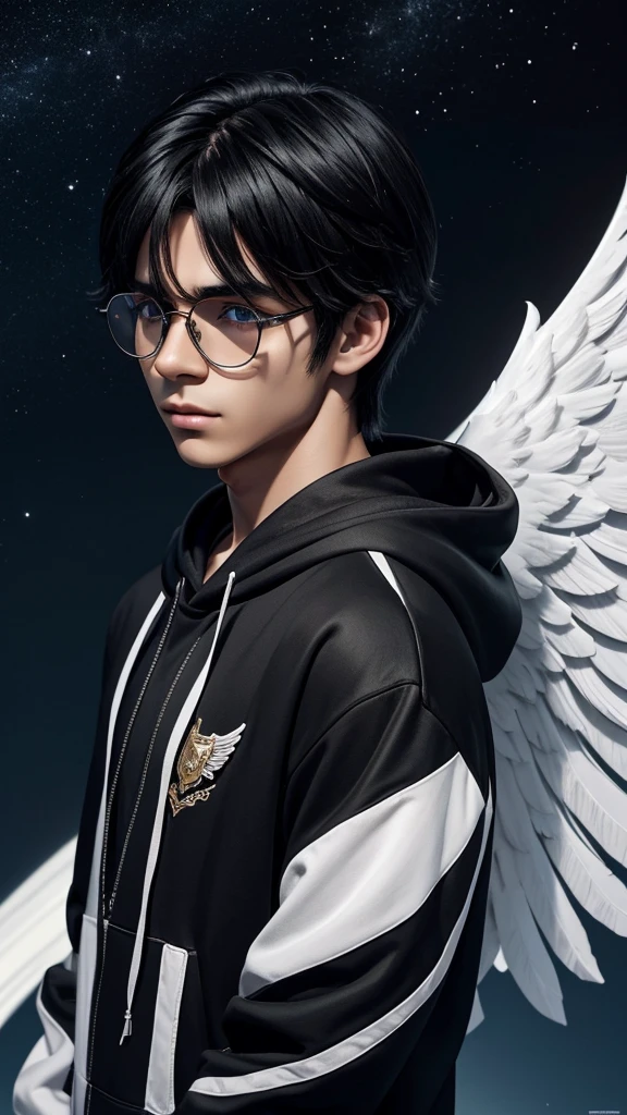There is a man with angel-like wings, black hair cut with chalk and pointed bangs, White skin, with black glasses boy from the country Argentina Italian feature, looking straight ahead and a planet in the background, 3D rendering of a cute anime boy, de Trevor Brown, unknown zodiac sign, inspired by Illarion Pryanishnikov, black hair girl wearing hoodie, Dark skin, normal looking lips, not so long hair, trend in artstaion, qifenglin, poster, technological clothing, low angel