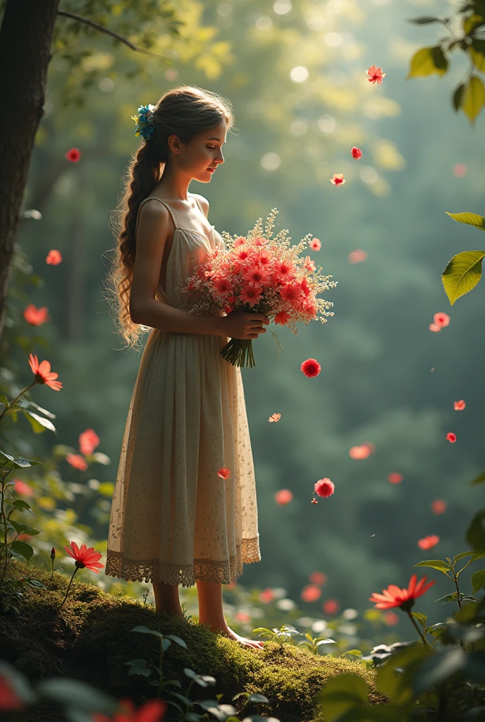 a human(drawning) HOLDING flowers on a tree branch(facing the front)