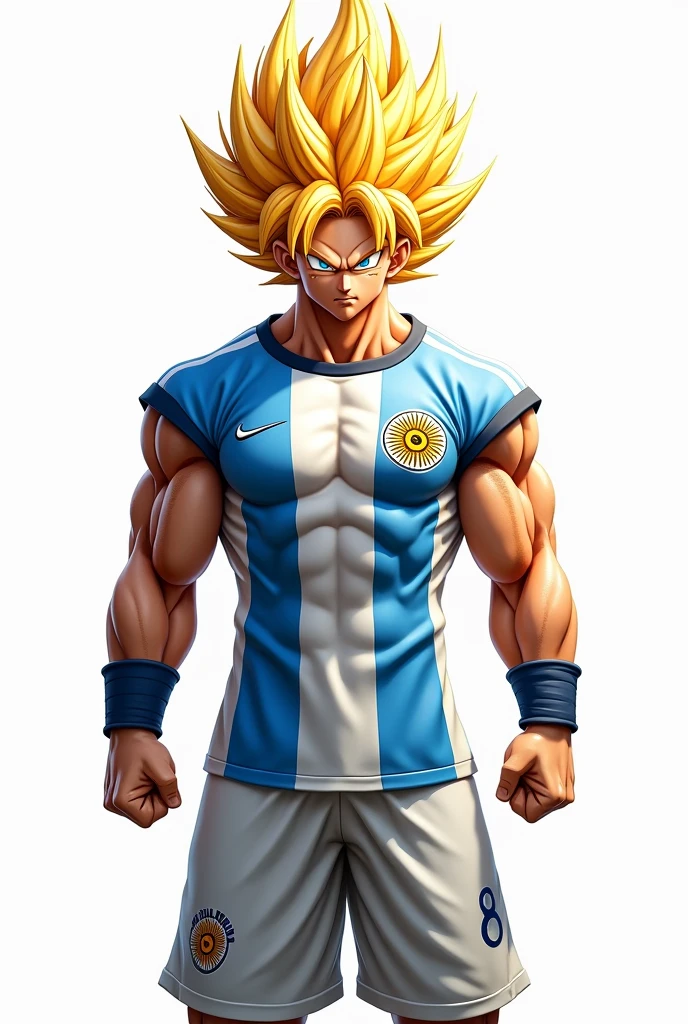 Goku Super Saiyan with the Argentine shirt with a white background and below it says happy birthday in Spanish