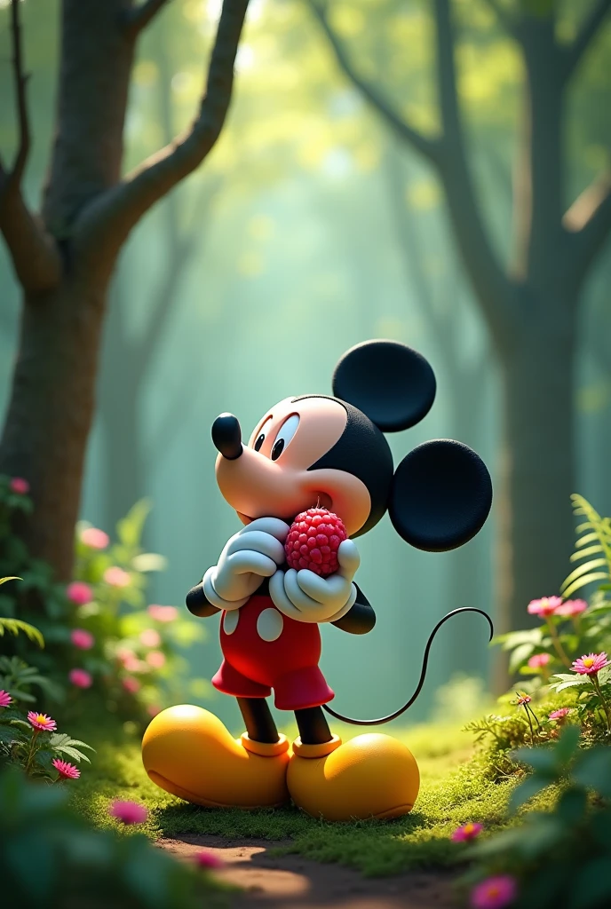 Mickey mouse is in the forest and eats a raspberry