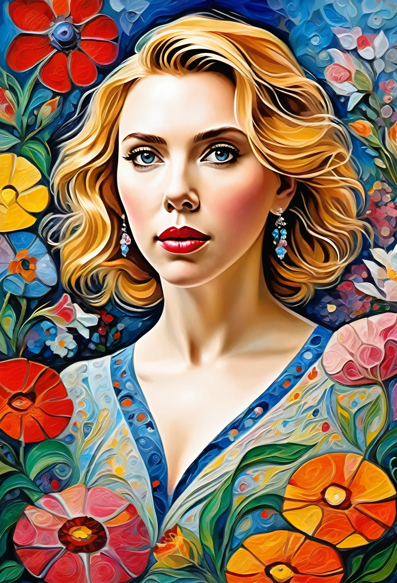  intricate design, looking to the viewer intertwined, beautiful attractive seductive Scarlett Johansson, flowers, pastel, ((Mordecai-Ardon / Marc Chagall  style!)), magical naive art, primitivism, protogen, ((Best quality, masterpiece)),
((((Highest detail), Impressionism:1,1, 8K