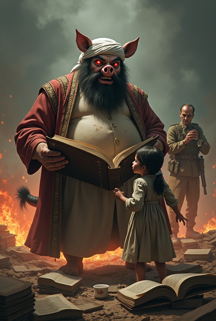 Armed Taliban leader , big red eyes, angry pig face, big bearded, dirty donkey teeth, wearing white Afghan dress and black waist coat with white Afghan turban, donkey tail, having big bull belly, is tearing apart big book, burning a huge book pile. And a school girl in Afghan traditional dress is trying to snatch books from him, painful, depressed, crying. An armed man in complete military uniform holding a cup of tea in on hand and a big snake in other hand, encouraging Taliban leader , laughing loudly