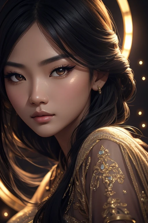 asian woman, illustration, 2d, black flat background, flat image, mysterious aura, face, flat face, beautiful detailed eyes, beautiful detailed lips, extremely detailed eyes and face, long eyelashes, elegant pose, graceful, serene expression, soft lighting, highly detailed, masterpiece, photorealistic, ultra-detailed, 8k, cinematic lighting, warm color palette, dramatic chiaroscuro