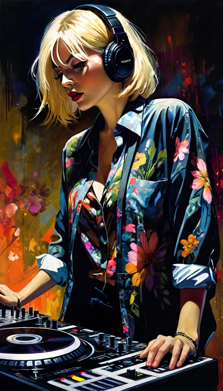 thin man, shaved blonde hair, flowered shirt, dj, DJing, dynamic pose, lively audience, between shadows, oil painting, chiaroscuro, dramatic lighting, moody atmosphere, photorealistic, intricate details, masterpiece, ultra-detailed, high quality, 8k, best quality, realistic, cinematic, dark and brooding, expressionistic, powerful composition, emotional impact, art inspired by Bill Sienkiewicz and Dave McKean