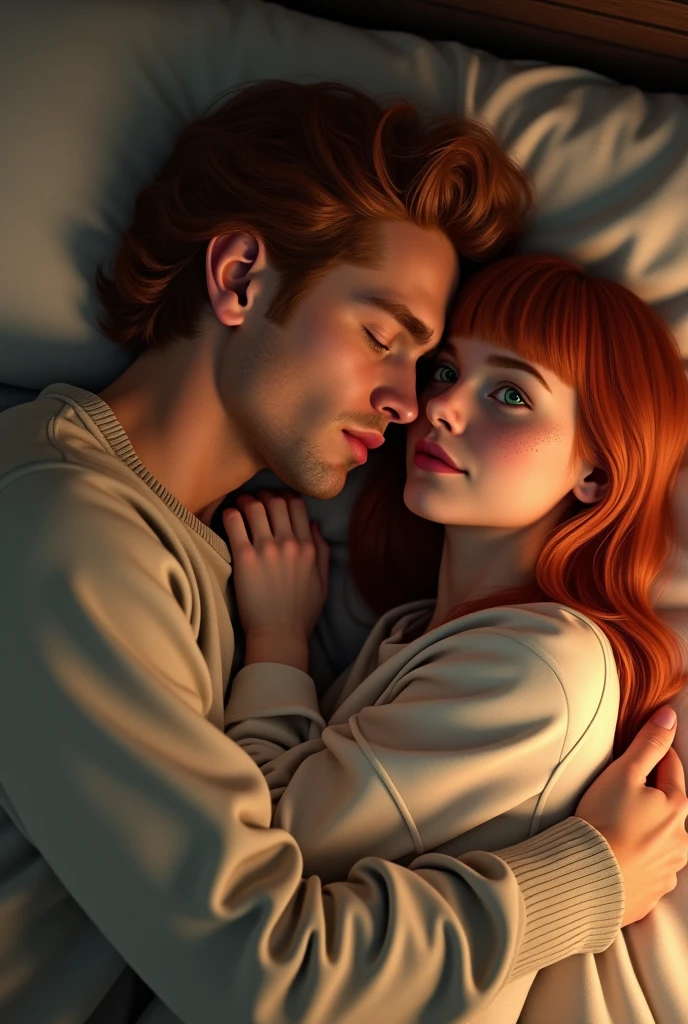 (photorealism), steve harrington is cuddling his very beautiful, short, red headed wife. she has bangs and freckles that spread across her cheeks and nose and has green eyes. they are laying in a very comfortable bed in their cozy bedroom with soft lighting. joe is holding her very close to him in a protective, loving way 