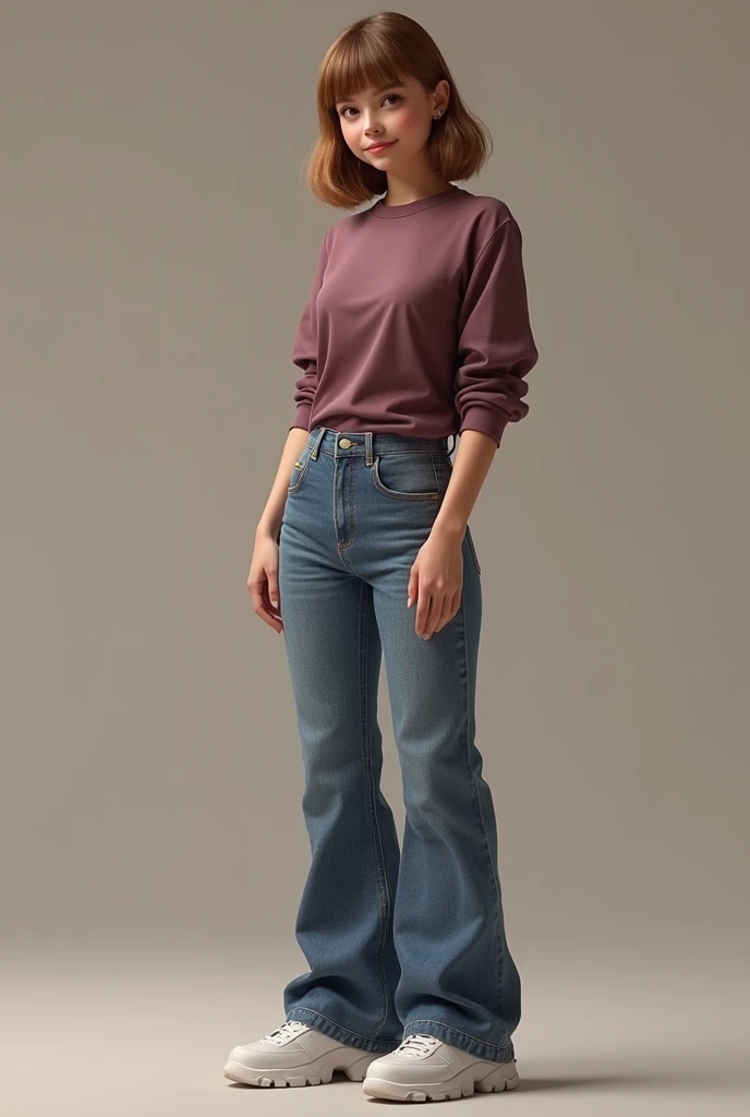 A 18 year old female with a slight hour glass body with a tight dark mauve colored shirt with sleeves rolled till below elbows and baggy flared jeans with white chunky sneakers, hazel eyes and light brown hair reaching her shoulders with curtain bangs
