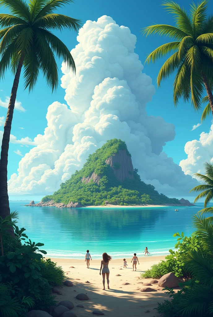A remote island surrounded by palm trees and a strange animated sky are people with little sea 
