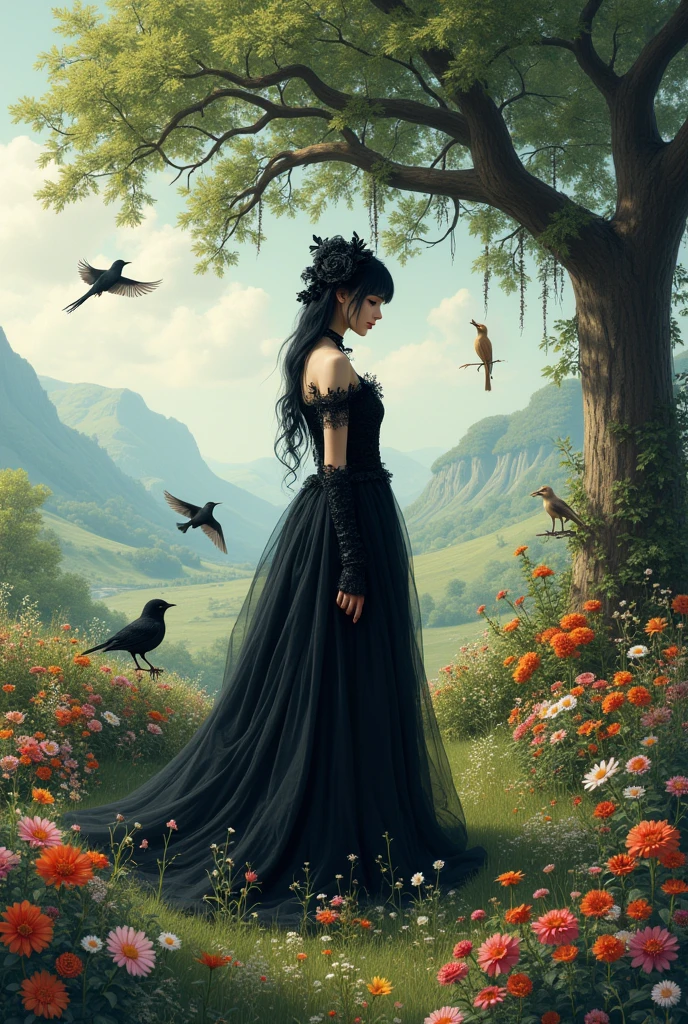 Un jolie paysage avec des jolies fleurs , un jolie arbre avec des oiseaux , des jolies animaux et une jolie femme style gothique