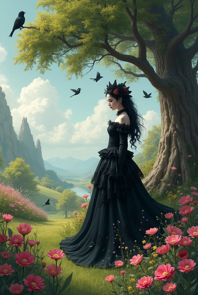 Un jolie paysage avec des jolies fleurs , un jolie arbre avec des oiseaux , des jolies animaux et une jolie femme style gothique
