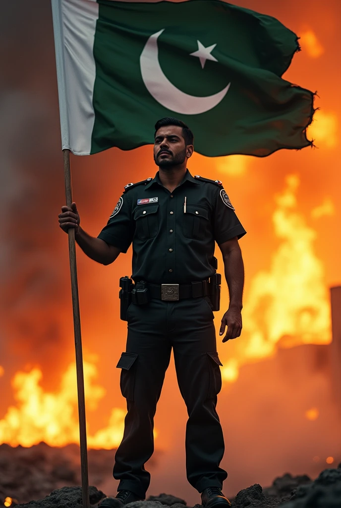 Pakistan police officer stand in fire . Pakistani flag in hand. Dress colour skin colour trouser and black shirt