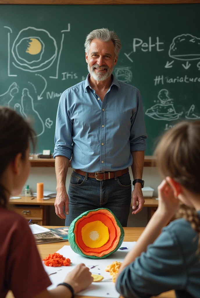 On the board there is a drawing of the layers of the earth. The teacher passes between the tables observing the students' work..
And the students have on their tables the layers of the earth made with plasticine Professor: "Remember, the key is precision. Measuring proportions correctly helps us understand what the Earth is really like.."