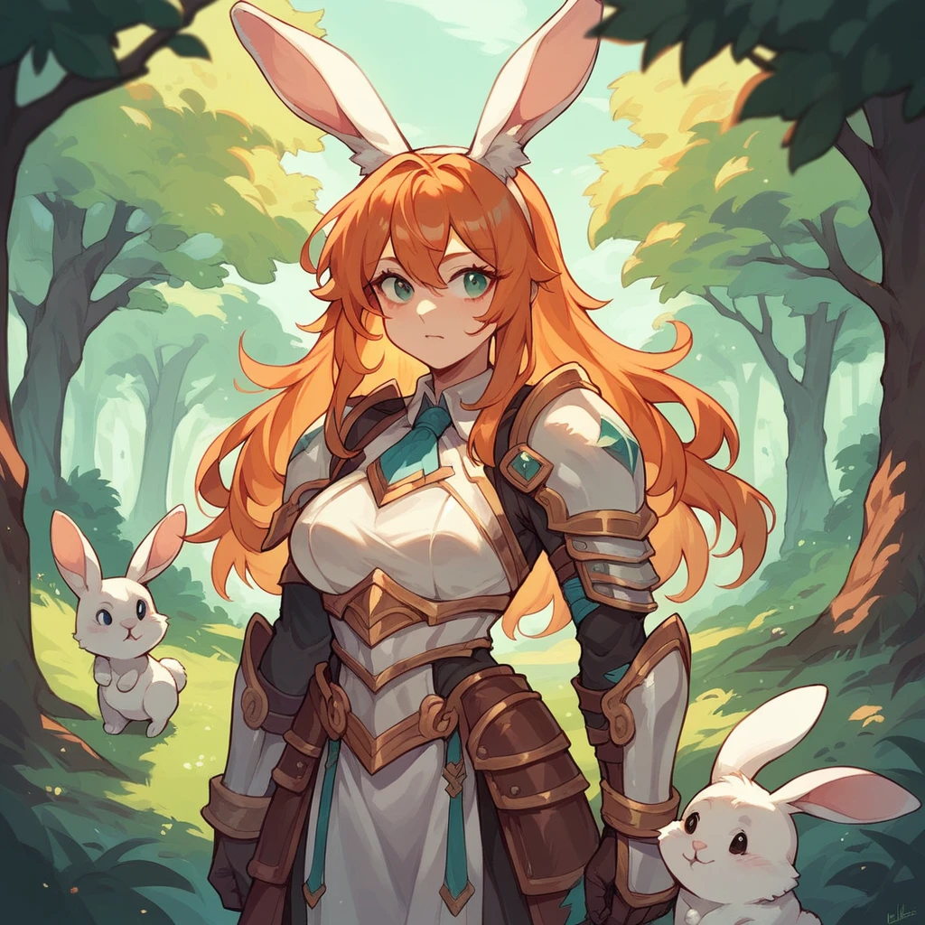 delilah,  1girl, solo, long_hair, breasts, looking_at_viewer, blue_eyes, large_breasts, brown_hair, hat, animal_ears, cleavage, medium_breasts, closed_mouth, upper_body, puffy_sleeves, orange_hair, rabbit_ears, aqua_eyes, cosplay, clothing_cutout, frown, parody, cleavage_cutout, tiara, forehead, headwear_removed, kemonomimi_mode, rabbit_girl, anime_coloring