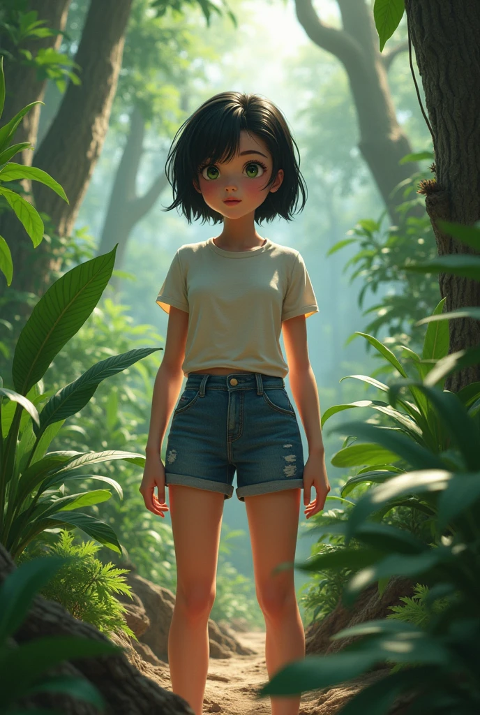 Style realistic,A girl, short black hair, green eyes, rectangular face, triangular body wearing It Girl High Waisted Jean Shorts (Hot Pants) and a short dry fit t-shirt, exploring a tropical forest, muscular, hyper detailed, full hd, 4k, hyper realistic