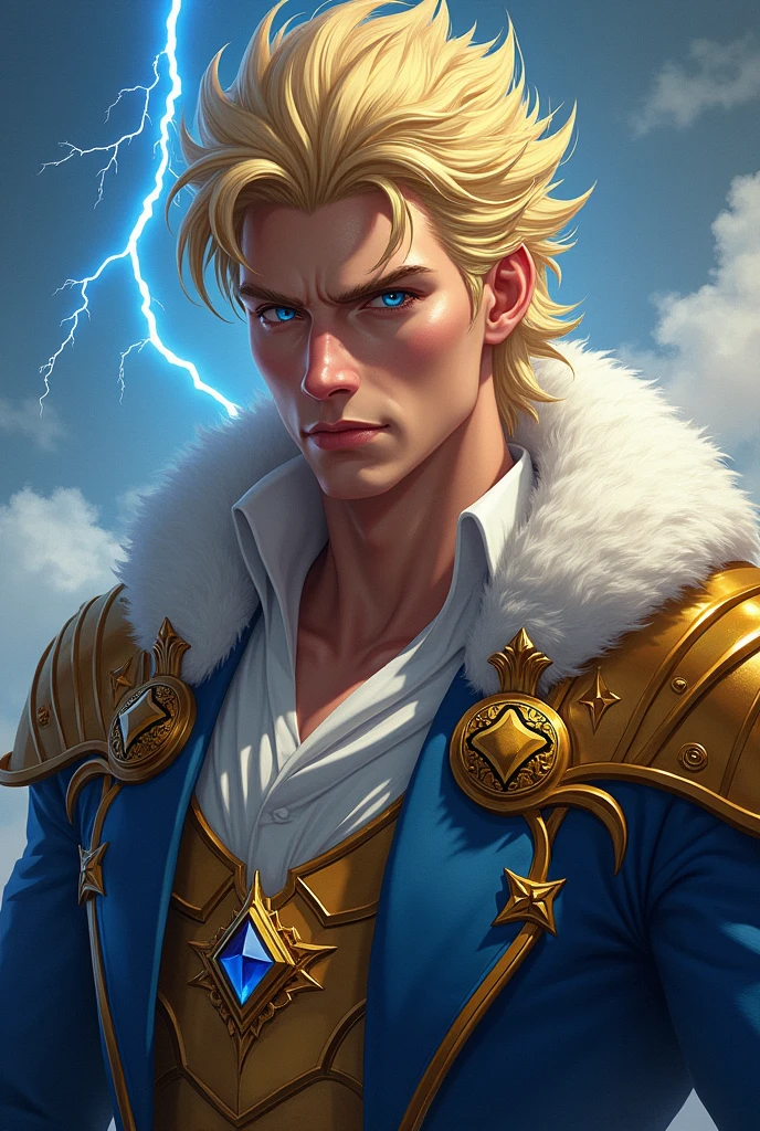a 36 year old man, your imposing presence and your majestic beauty. Her hair is an intense golden blonde, cut short and with a touch of wave that accentuates its aura of power. His eyes are a deep, bright blue.
He wears a noble-looking robe, with golden details and symbols that reflect its connection to the sky and thunder. His body is athletic, with well defined muscles, and his posture exudes confidence and authority.