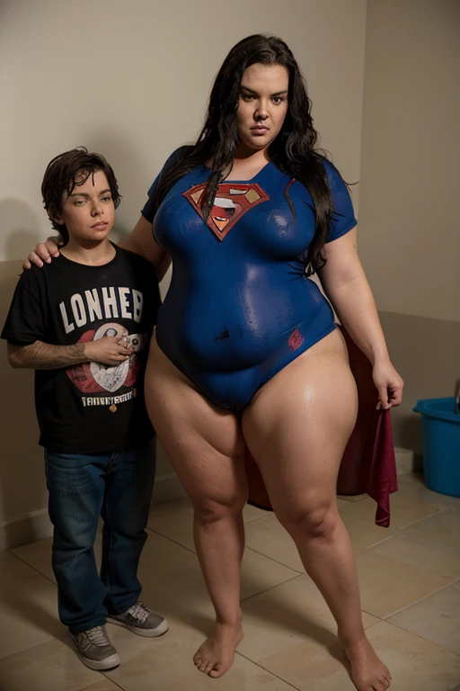 bbw superheroine is drugged and paralyzed next to a small man, full body, mature bbw, submissive and exhausted, urinated vagina, wet and dirty clothes, bbw superheroine